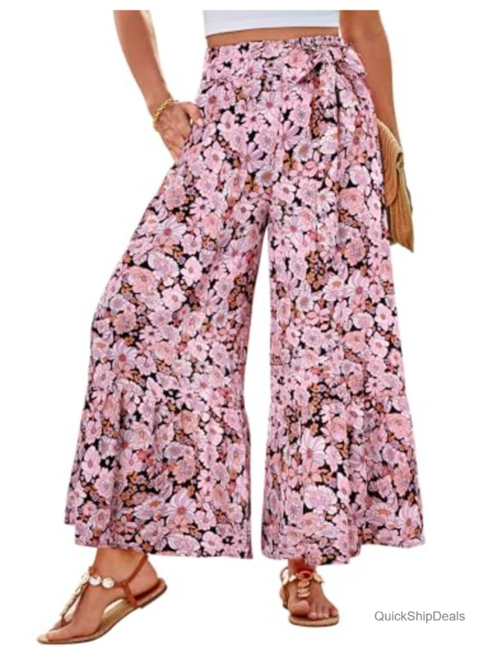 Wide Leg Palazzo Pants with Pockets Elastic High Waist Boho Beach Trousers